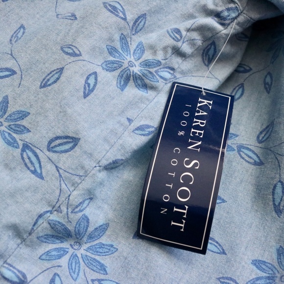 Karen Scott Blue Denim Floral Button Down Short Sleeve Shirt NWT - Picture 4 of 4
